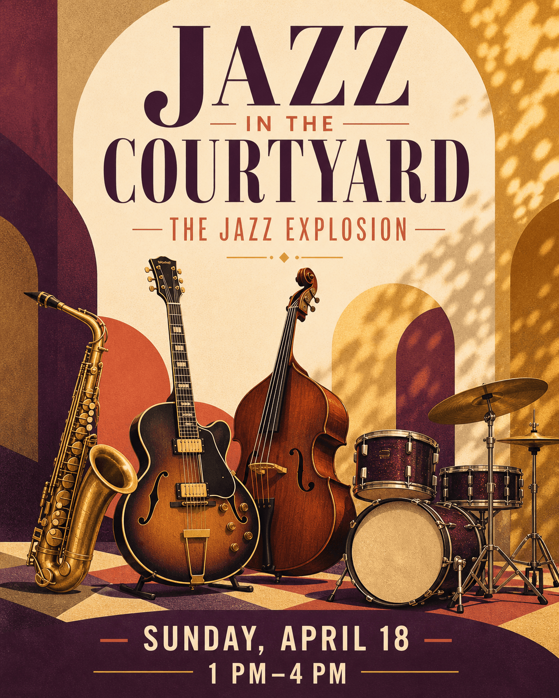 Jazz in the Courtyard poster featuring a saxophone, guitar, upright bass, and drums